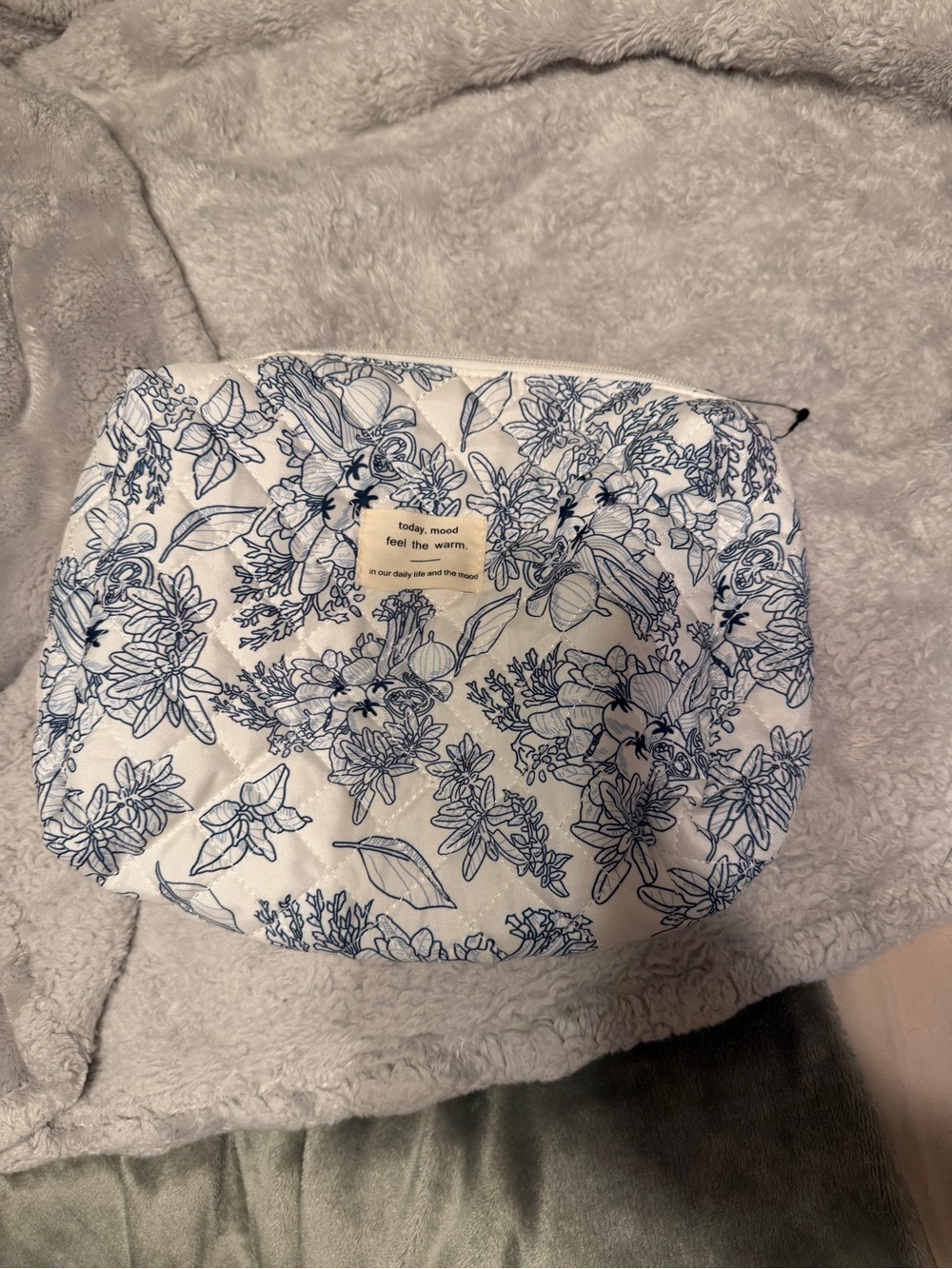 Floral Printed Cosmetic Pouch - White with Blue Print